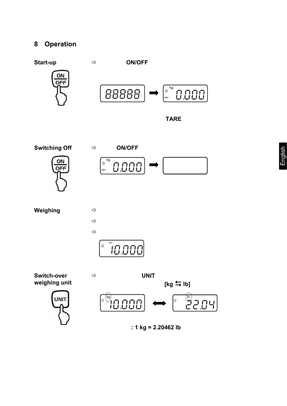 8 operation, Start-up, Switching off | Weighing, Switch-over weighing unit, Operation | KERN & SOHN EOE XL User Manual | Page 18 / 24