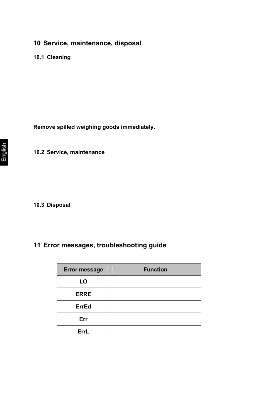 10 service, maintenance, disposal, 1 cleaning, 2 service, maintenance | 3 disposal, 11 error messages, troubleshooting guide, Service, maintenance, disposal, Cleaning, Service, maintenance, Disposal, Error messages, troubleshooting guide | KERN & SOHN EOE XL User Manual | Page 23 / 24