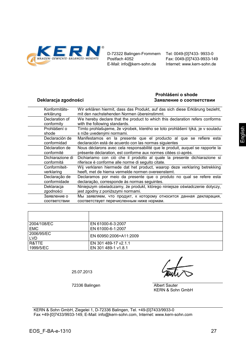 Declaration of -conformity, Electronic balance: kern eob_f, 13 declaration of conformity | KERN & SOHN EOB F User Manual | Page 27 / 27