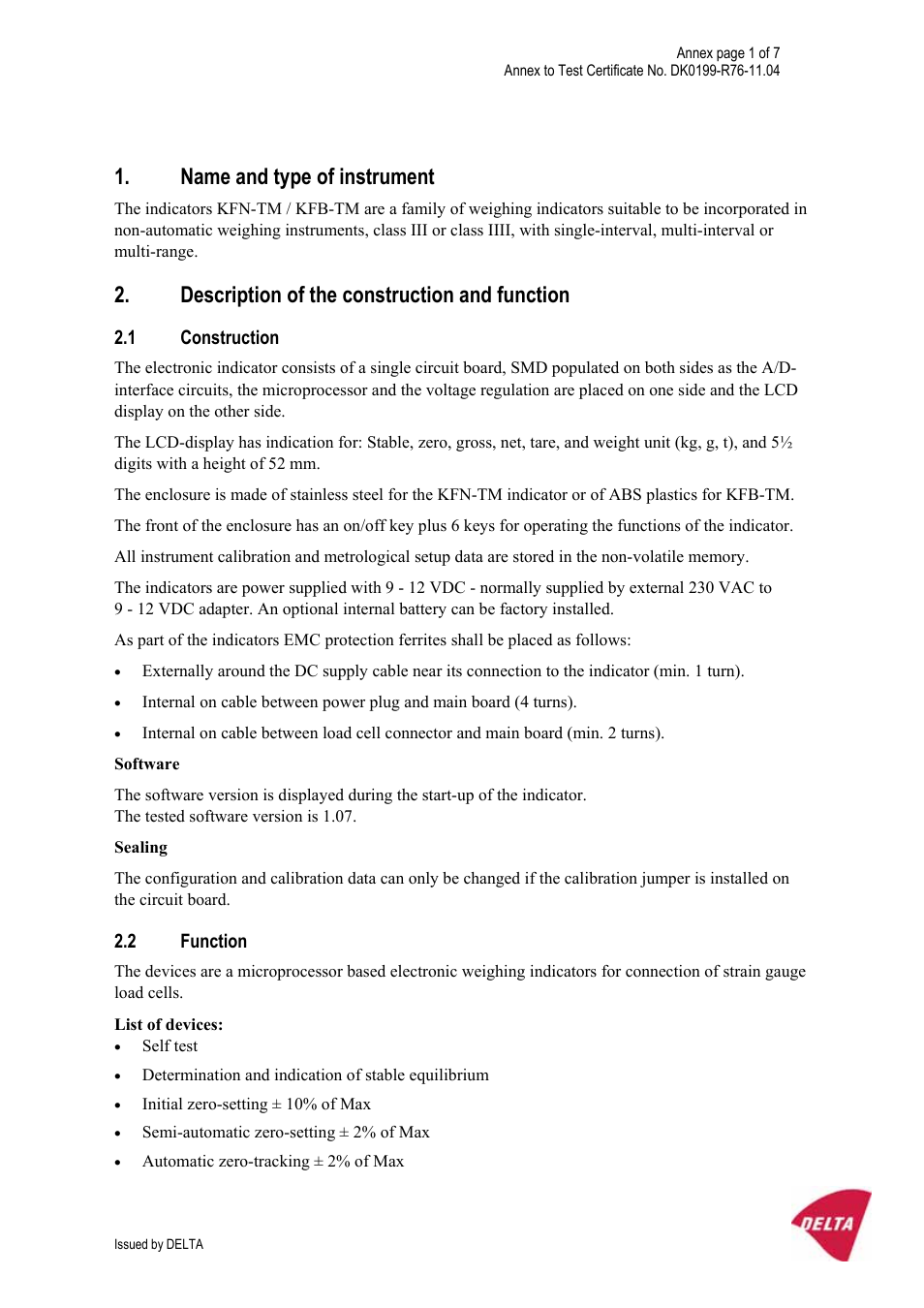 Name and type of instrument, Description of the construction and function, 1 construction | 2 function | KERN & SOHN KFN-TM User Manual | Page 65 / 71