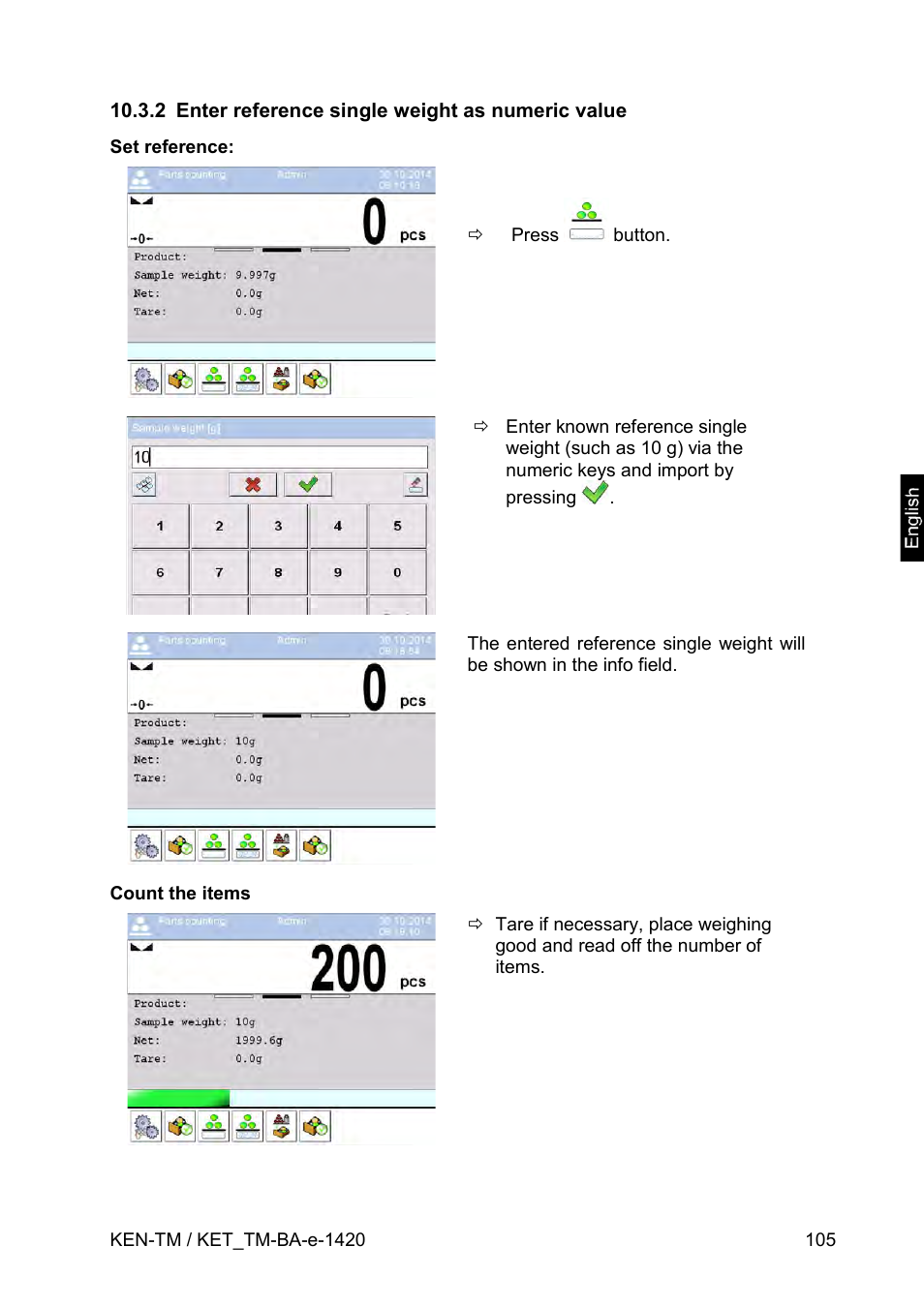 2 enter reference single weight as numeric value, P.10.3.2 | KERN & SOHN KET-TM User Manual | Page 105 / 223