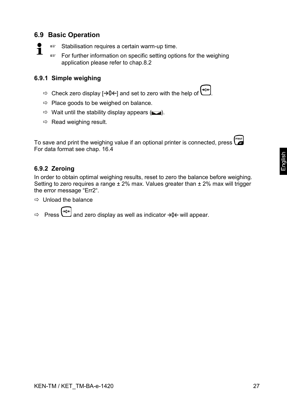 9 basic operation, 1 simple weighing, 2 zeroing | KERN & SOHN KET-TM User Manual | Page 27 / 223