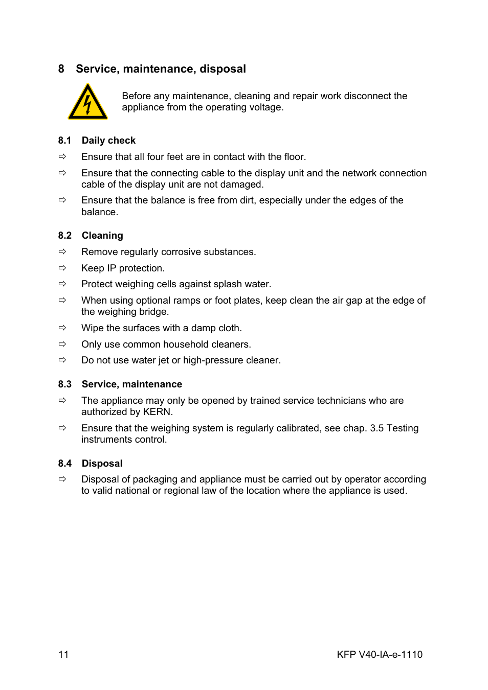 8 service, maintenance, disposal, 1 daily check, 2 cleaning | 3 service, maintenance, 4 disposal, Service, maintenance, disposal, Daily check, Cleaning, Service, maintenance, Disposal | KERN & SOHN BAN 3T-3M User Manual | Page 11 / 15