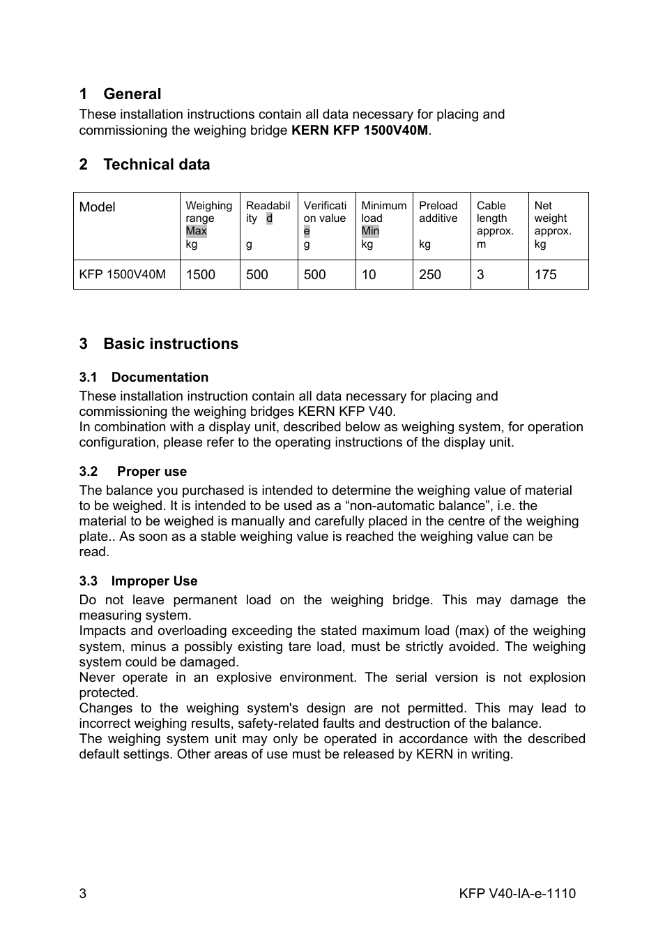 1 general, 2 technical data, 3 basic instructions | 1 documentation, 2 proper use, 3 improper use, General, Technical data, Basic instructions, Documentation | KERN & SOHN BAN 3T-3M User Manual | Page 3 / 15