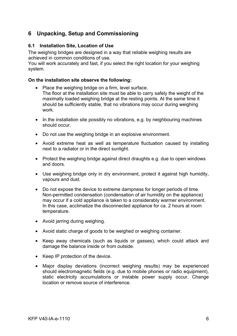 6 unpacking, setup and commissioning, 1 installation site, location of use, Unpacking, setup and commissioning | Installation site, location of use | KERN & SOHN BAN 3T-3M User Manual | Page 6 / 15