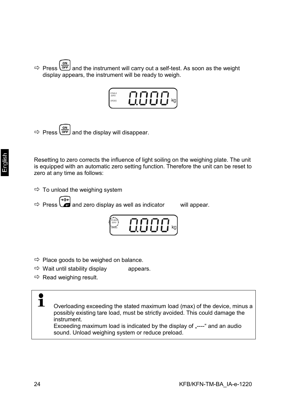 7 operation, 1 start-up, 2 switching off | 3 zeroing, 4 simple weighing | KERN & SOHN FA 6T-3M User Manual | Page 24 / 83