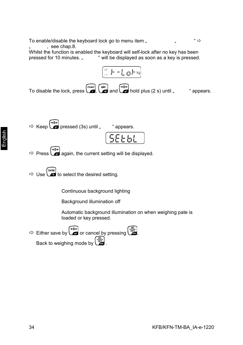 12 lock keyboard, 13 display background illumination | KERN & SOHN FA 6T-3M User Manual | Page 34 / 83