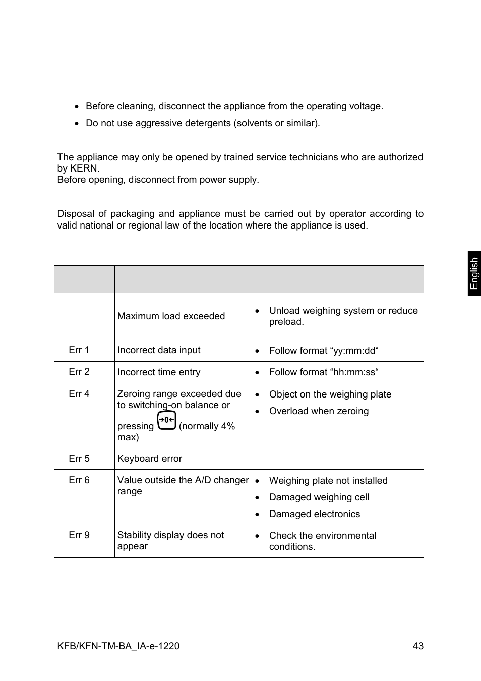 9 service, maintenance, disposal, 1 clean, 2 service, maintenance | 3 disposal, 4 error messages | KERN & SOHN FA 6T-3M User Manual | Page 43 / 83