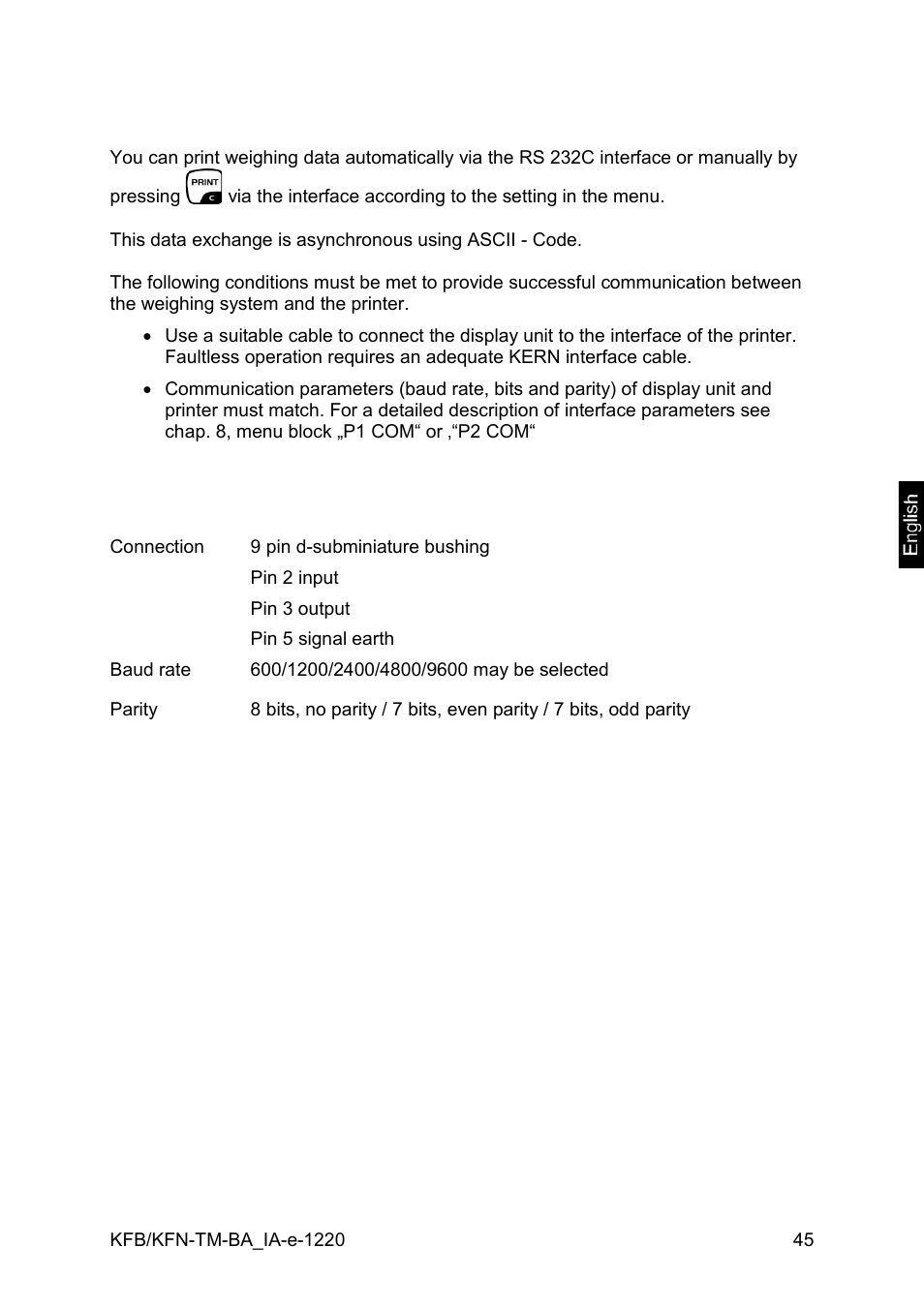 10 data output rs 232c, 1 technical data | KERN & SOHN FA 6T-3M User Manual | Page 45 / 83