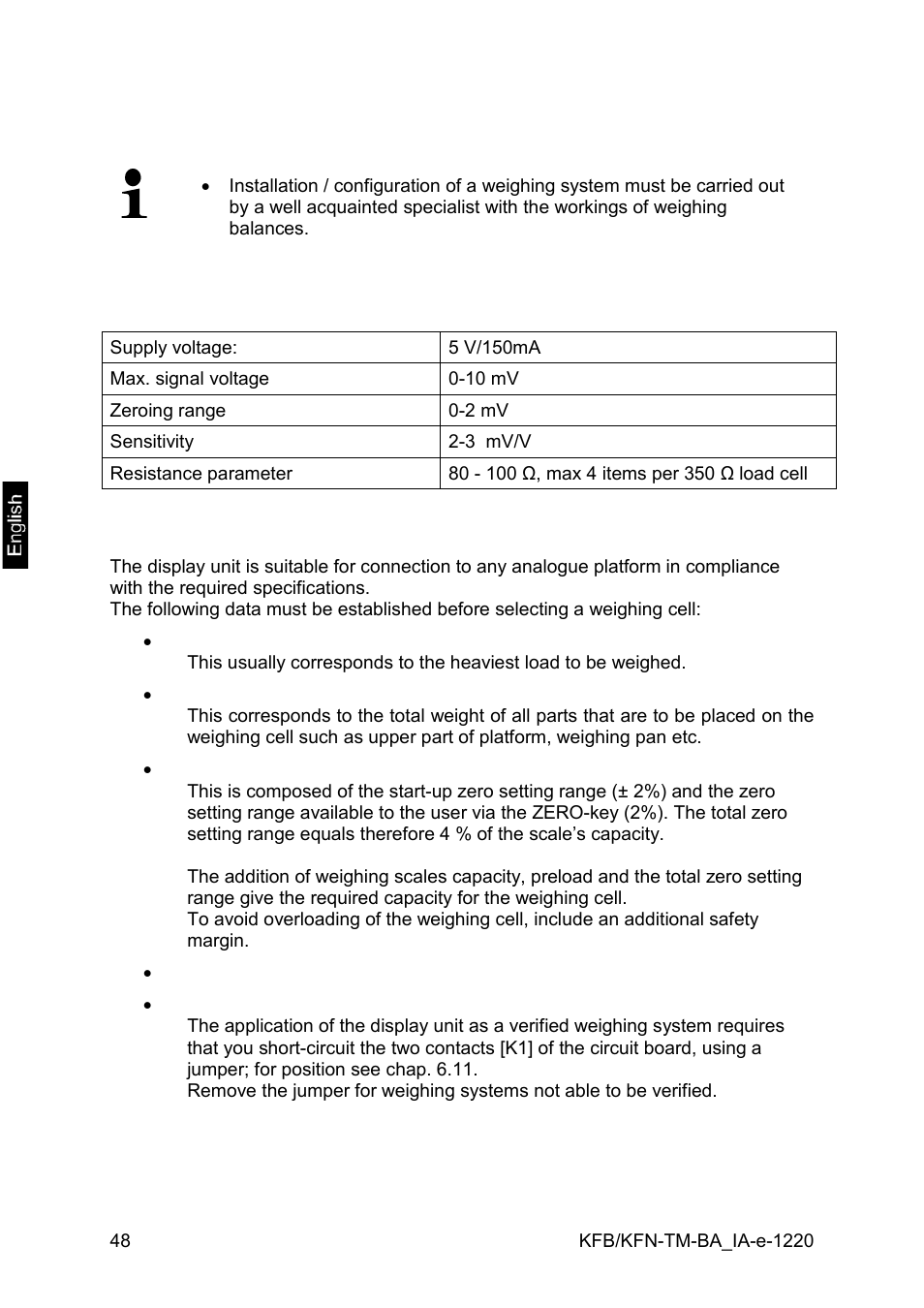 12 installing display unit / weighing bridge, 1 technical data, 2 weighing system design | KERN & SOHN FA 6T-3M User Manual | Page 48 / 83