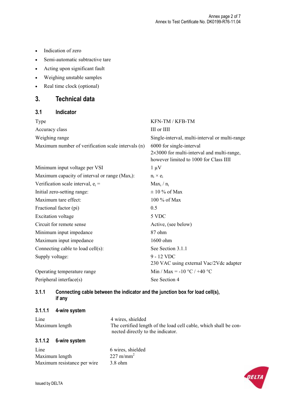Technical data, 1 indicator, 1 4-wire system | 2 6-wire system | KERN & SOHN FA 6T-3M User Manual | Page 78 / 83