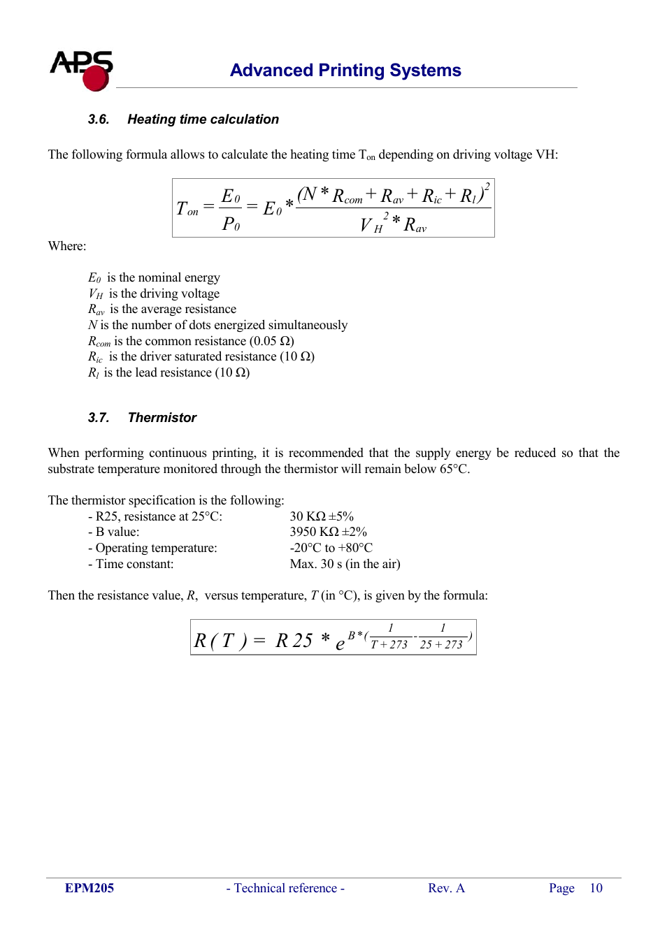Heating time calculation, Thermistor, Eating time calculation | Hermistor, R ( t ) = r 25 * e, T = e p = e * (n * r + r + r + r ) v * r, Advanced printing systems | KERN & SOHN VFS 2T1 Addendum User Manual | Page 10 / 29