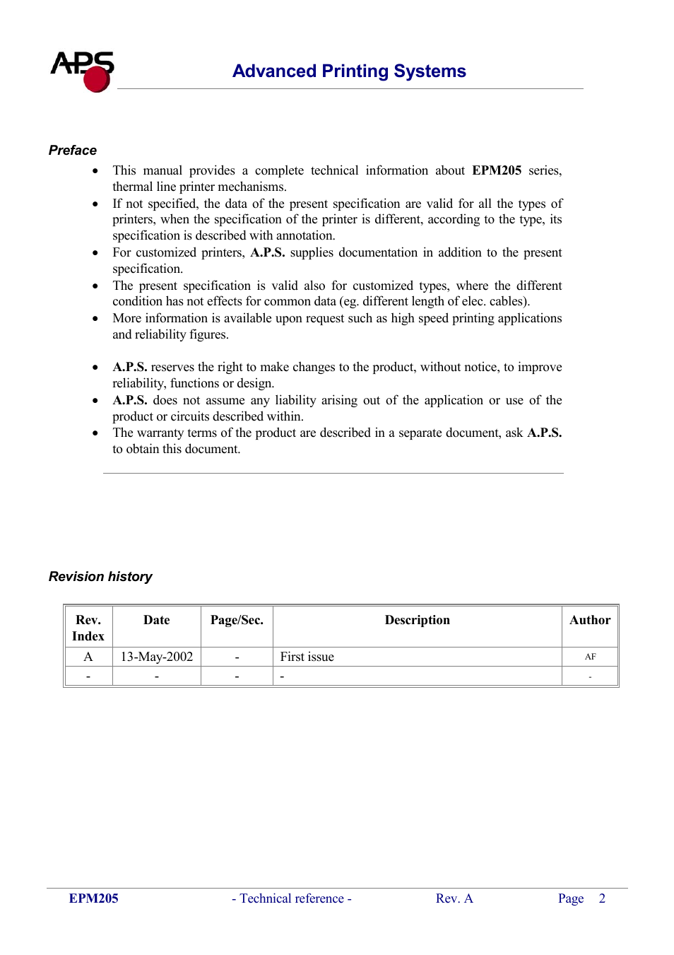 Preface, Revision history, Advanced printing systems | KERN & SOHN VFS 2T1 Addendum User Manual | Page 2 / 29