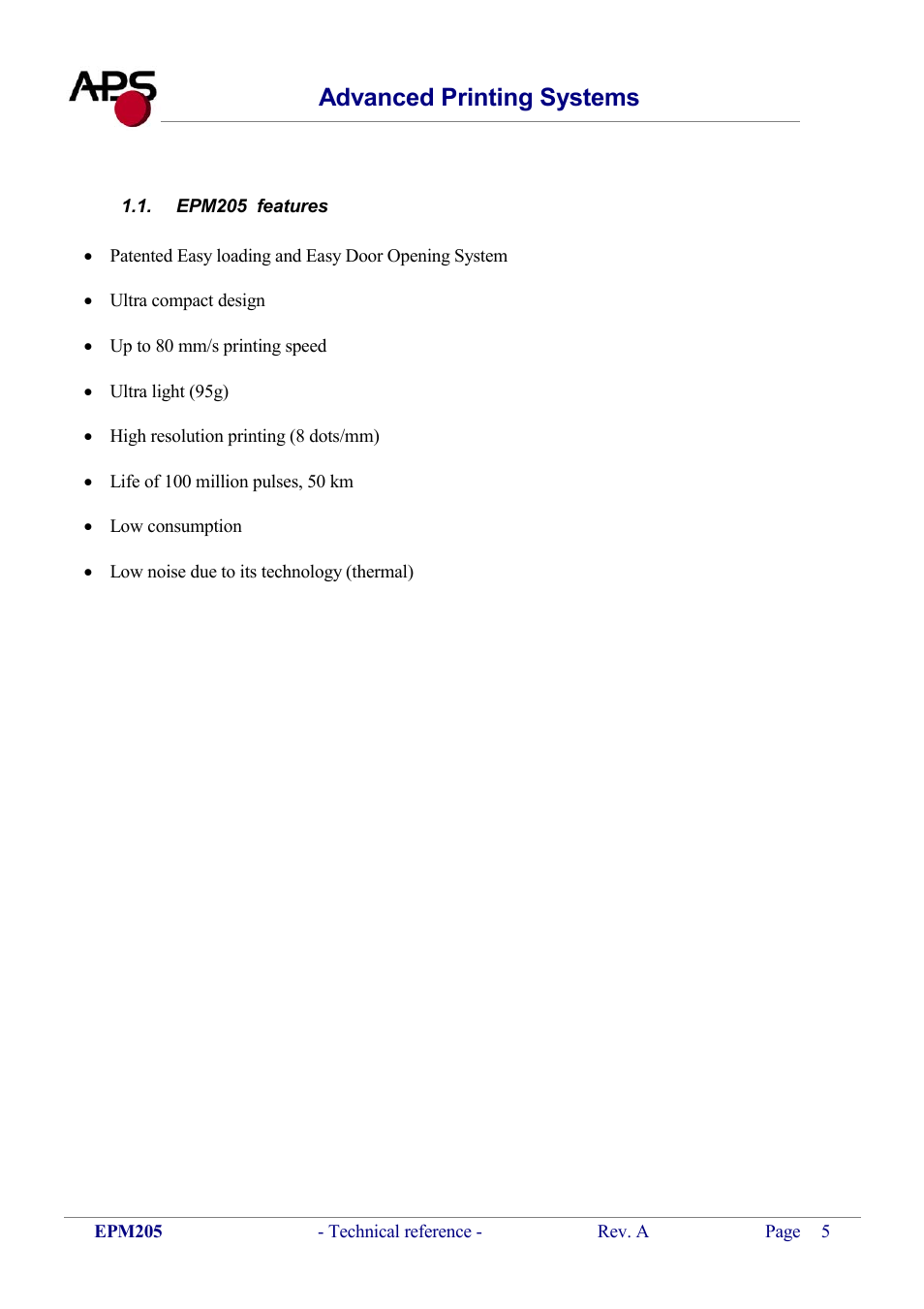 Epm205 features, Epm205, Features | Advanced printing systems | KERN & SOHN VFS 2T1 Addendum User Manual | Page 5 / 29