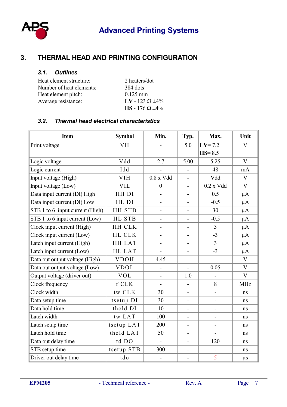 Thermal head and printing configuration, Outlines, Thermal head electrical characteristics | Utlines, Hermal head electrical characteristics, Advanced printing systems | KERN & SOHN VFS 2T1 Addendum User Manual | Page 7 / 29