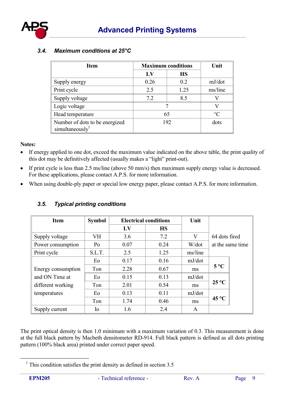 Maximum conditions at 25°c, Typical printing conditions, Aximum conditions at | 25°c, Ypical printing conditions, Advanced printing systems | KERN & SOHN VFS 2T1 Addendum User Manual | Page 9 / 29