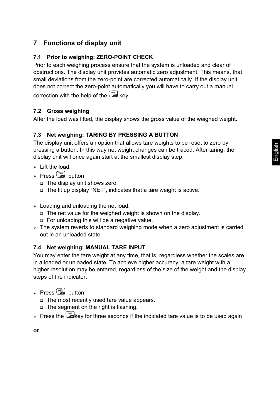 7 functions of display unit, 1 prior to weighing: zero-point check, 2 gross weighing | 3 net weighing: taring by pressing a button, 4 net weighing: manual tare input, Functions of display unit, Prior to weighing: zero-point check, Gross weighing, Net weighing: taring by pressing a button, Net weighing: manual tare input | KERN & SOHN VHS 2T1 User Manual | Page 11 / 17