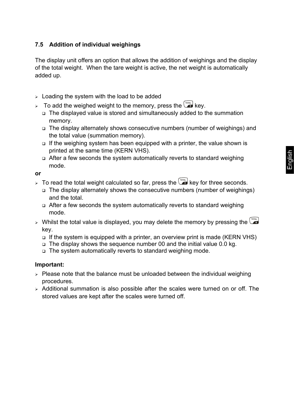 5 addition of individual weighings, Addition of individual weighings, Loading the system with the load to be added | Key for three seconds | KERN & SOHN VHS 2T1 User Manual | Page 13 / 17