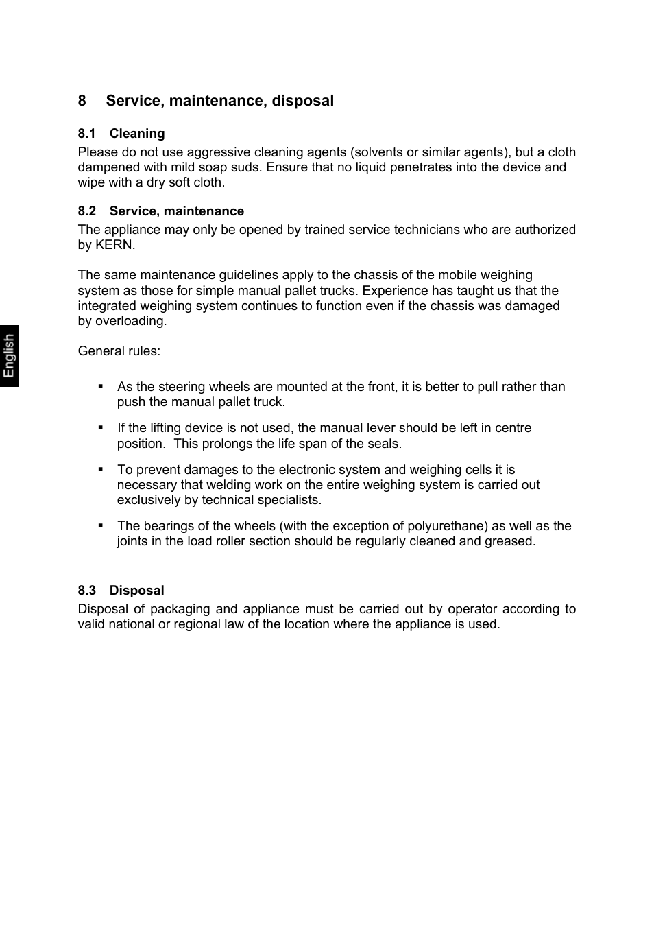 8 service, maintenance, disposal, 1 cleaning, 2 service, maintenance | 3 disposal, Service, maintenance, disposal, Cleaning, Service, maintenance, Disposal | KERN & SOHN VHS 2T1 User Manual | Page 16 / 17
