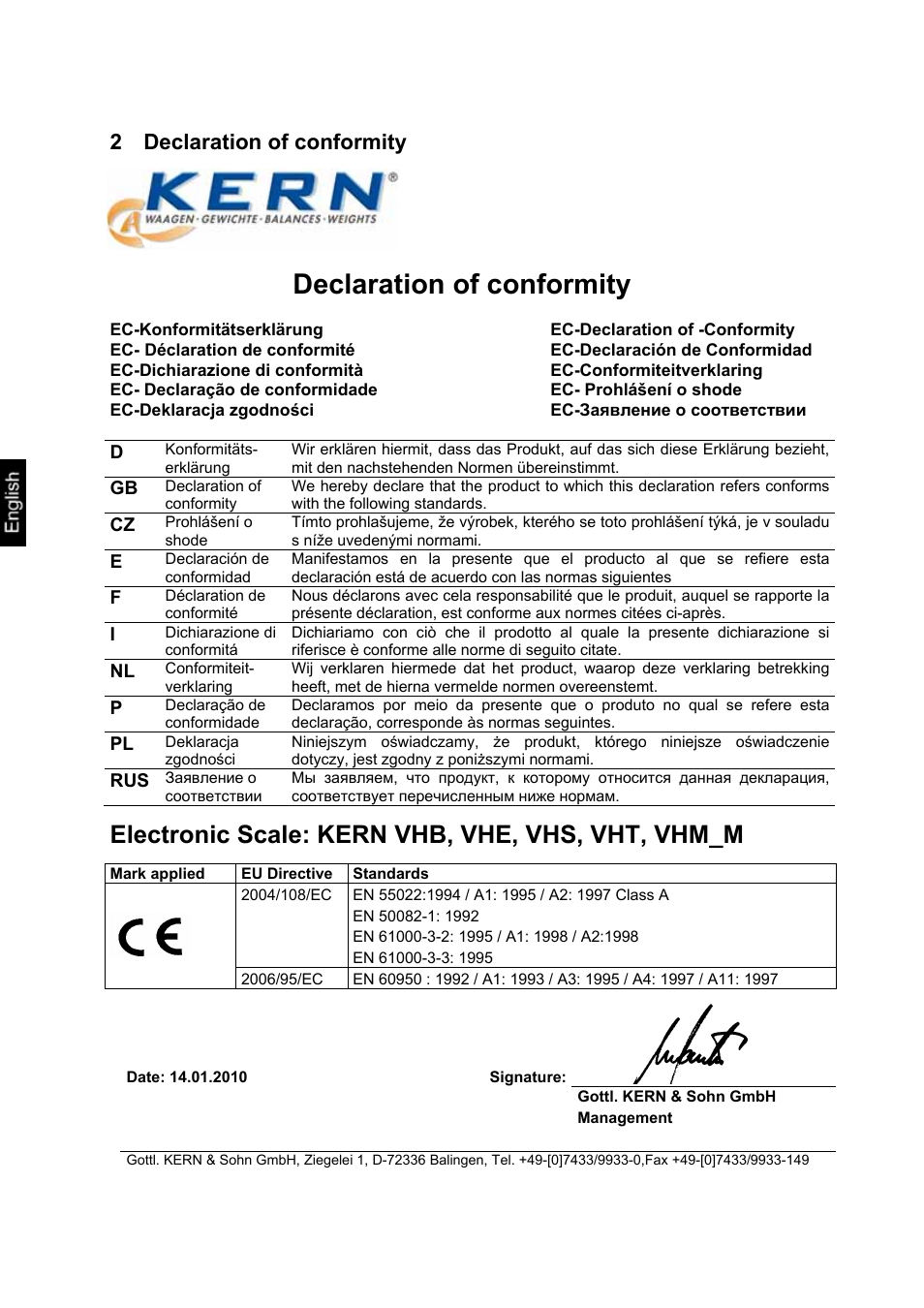 2 declaration of conformity, Declaration of conformity, Electronic scale: kern vhb, vhe, vhs, vht, vhm_m | Kern & sohn gmbh | KERN & SOHN VHS 2T1 User Manual | Page 4 / 17