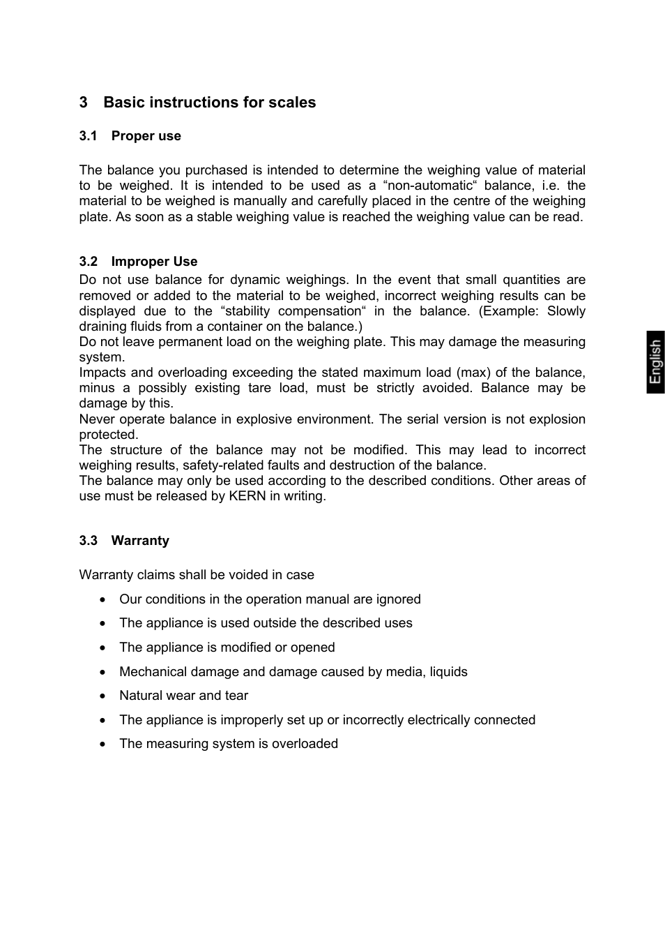 3 basic instructions for scales, 1 proper use, 2 improper use | 3 warranty, Basic instructions for scales, Proper use, Improper use, Warranty | KERN & SOHN VHS 2T1 User Manual | Page 5 / 17