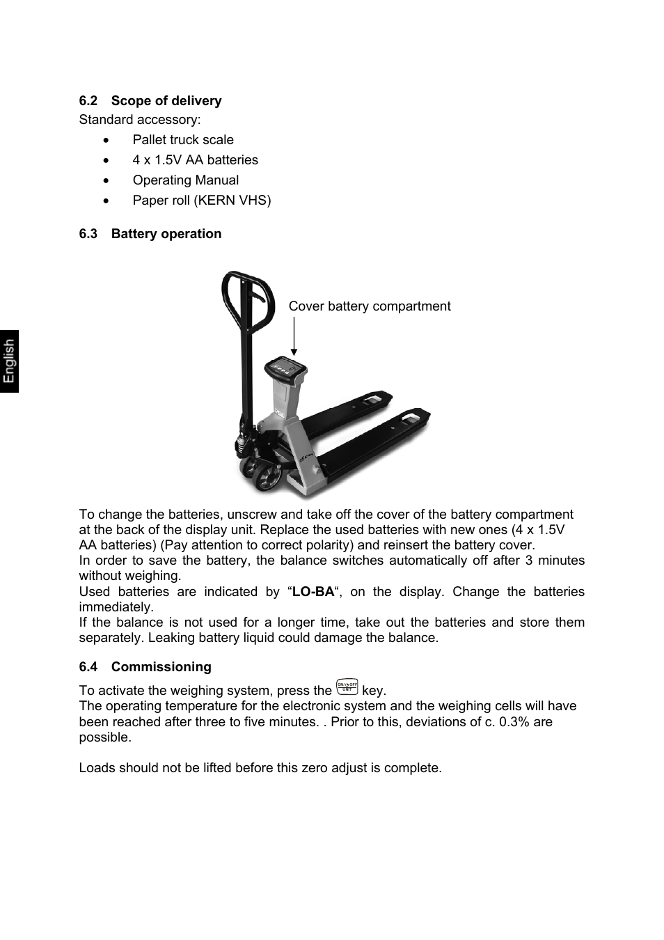 2 scope of delivery, 3 battery operation, 4 commissioning | Scope of delivery, Battery operation, Commissioning | KERN & SOHN VHS 2T1 User Manual | Page 8 / 17