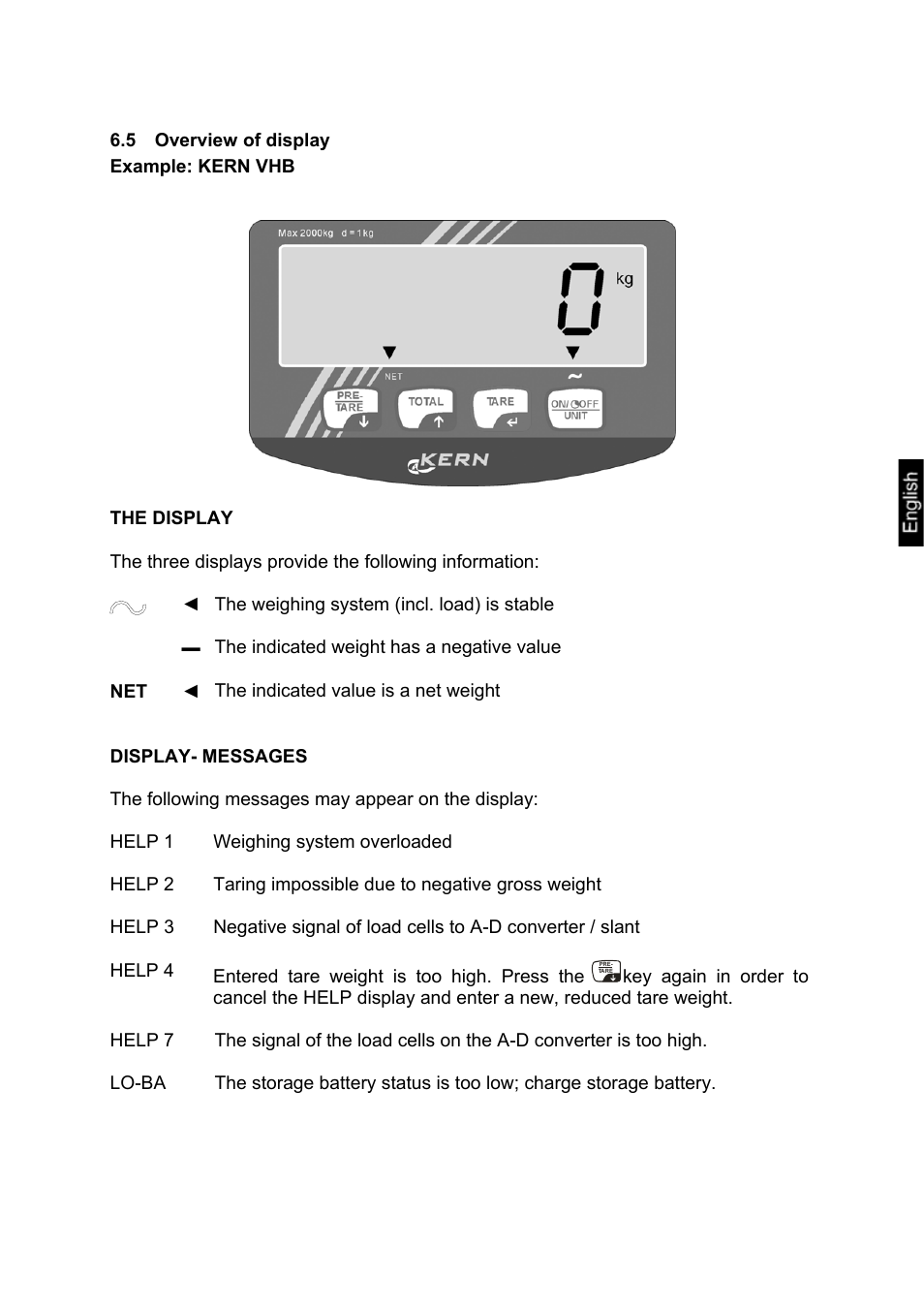 5 overview of display, Overview of display | KERN & SOHN VHS 2T1 User Manual | Page 9 / 17