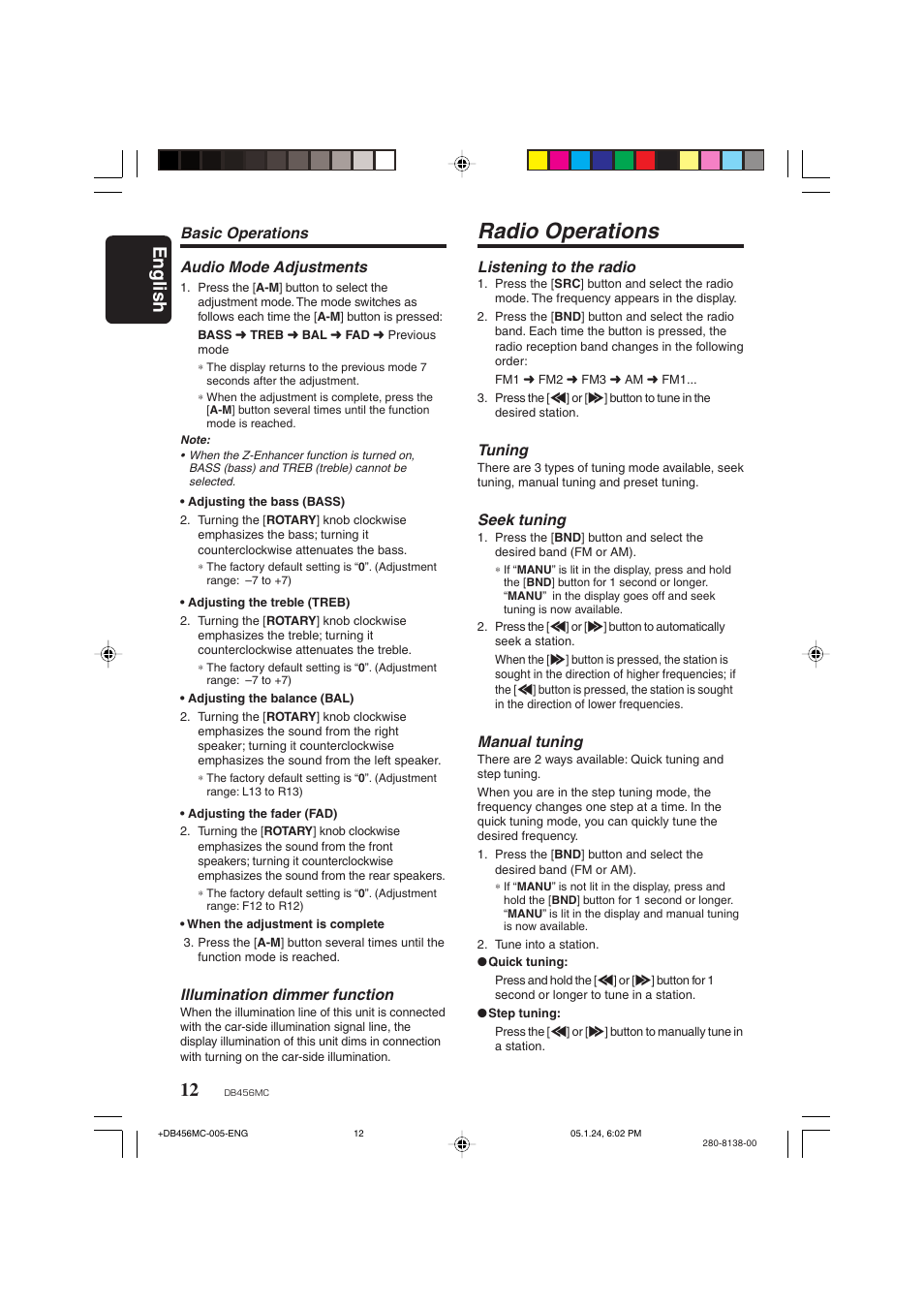 Radio operations, English, Audio mode adjustments | Illumination dimmer function, Basic operations, Listening to the radio, Tuning, Seek tuning, Manual tuning | Clarion DB456MC User Manual | Page 10 / 23