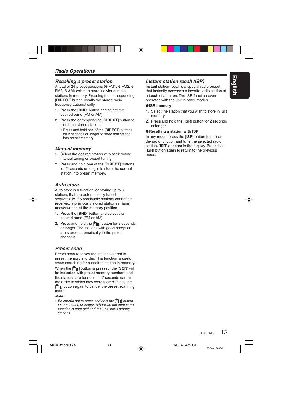 13 english, Radio operations recalling a preset station, Auto store | Preset scan, Instant station recall (isr) | Clarion DB456MC User Manual | Page 11 / 23