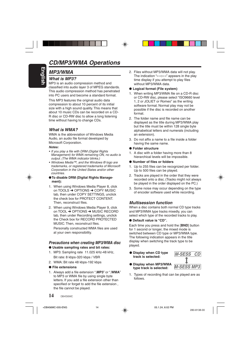 Cd/mp3/wma operations, English, Mp3/wma | M-sess cd m-sess mp3 | Clarion DB456MC User Manual | Page 12 / 23