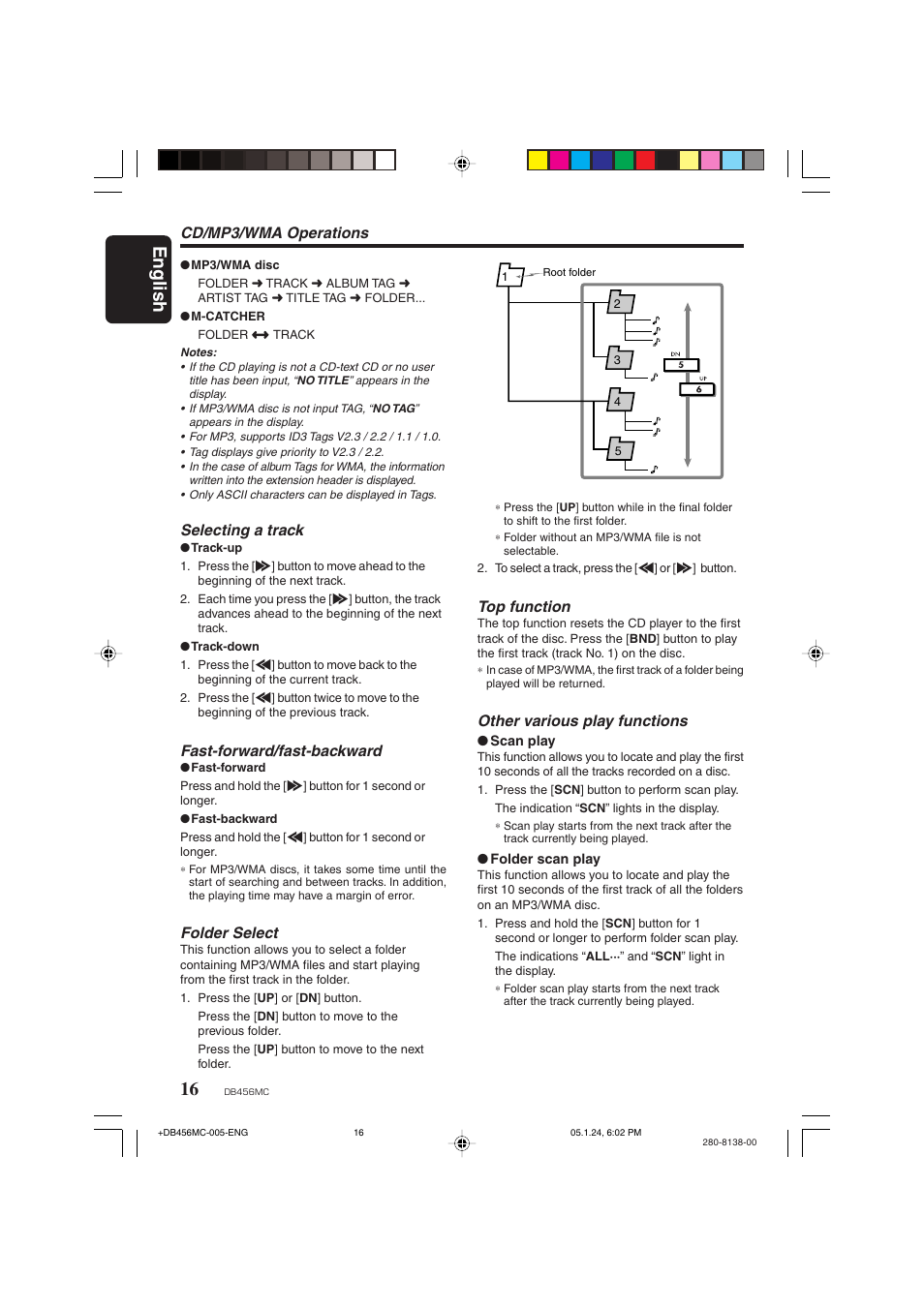 English, Cd/mp3/wma operations, Selecting a track | Fast-forward/fast-backward, Folder select, Top function, Other various play functions | Clarion DB456MC User Manual | Page 14 / 23