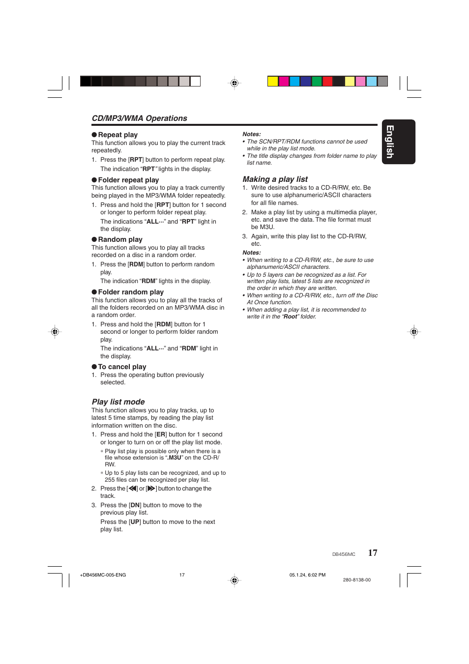 17 english, Play list mode, Cd/mp3/wma operations | Making a play list | Clarion DB456MC User Manual | Page 15 / 23