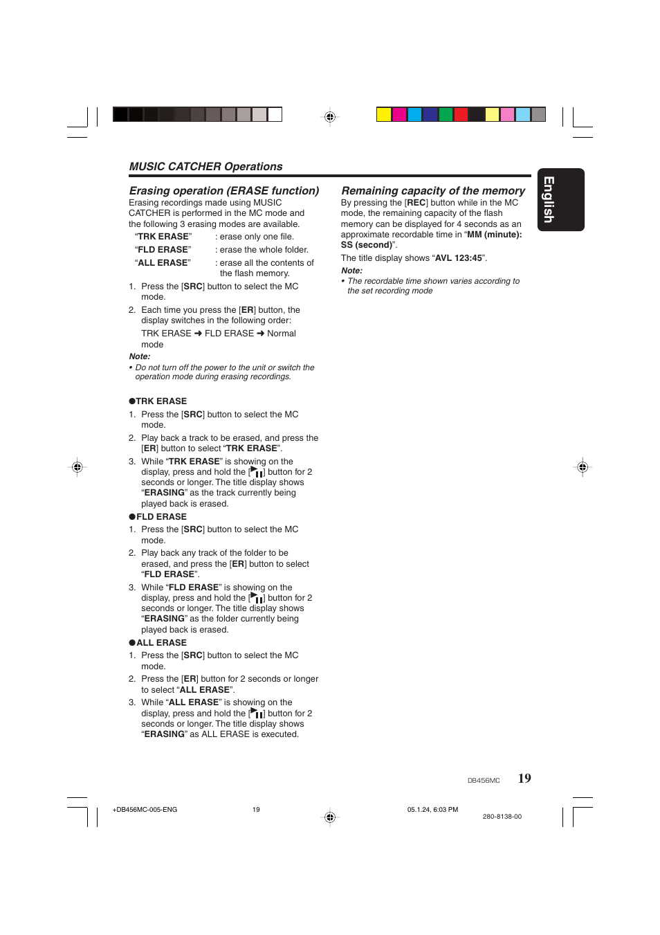 19 english, Erasing operation (erase function) | Clarion DB456MC User Manual | Page 17 / 23