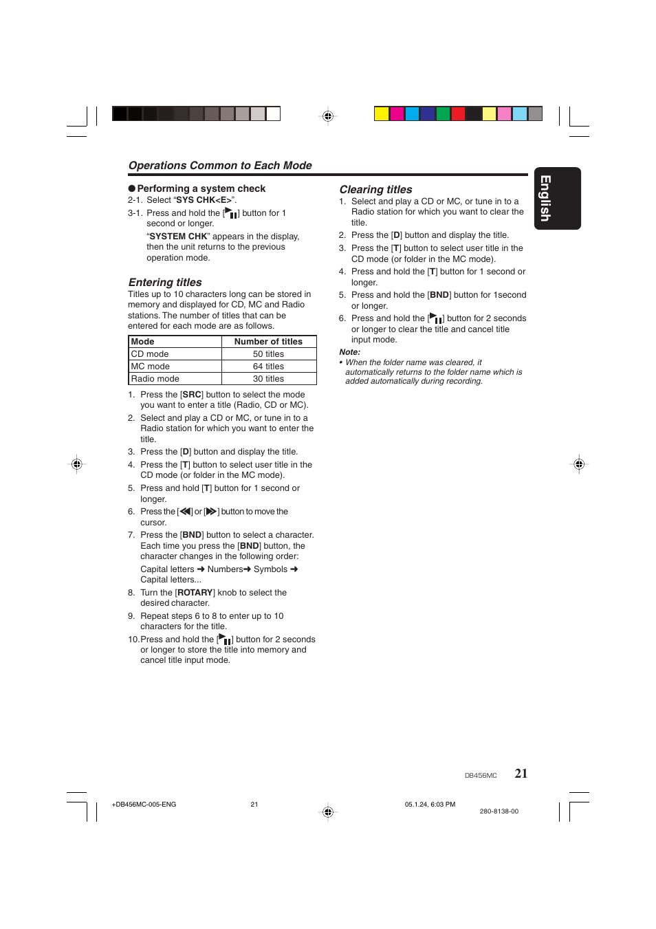 21 english, Entering titles, Operations common to each mode | Clearing titles | Clarion DB456MC User Manual | Page 19 / 23