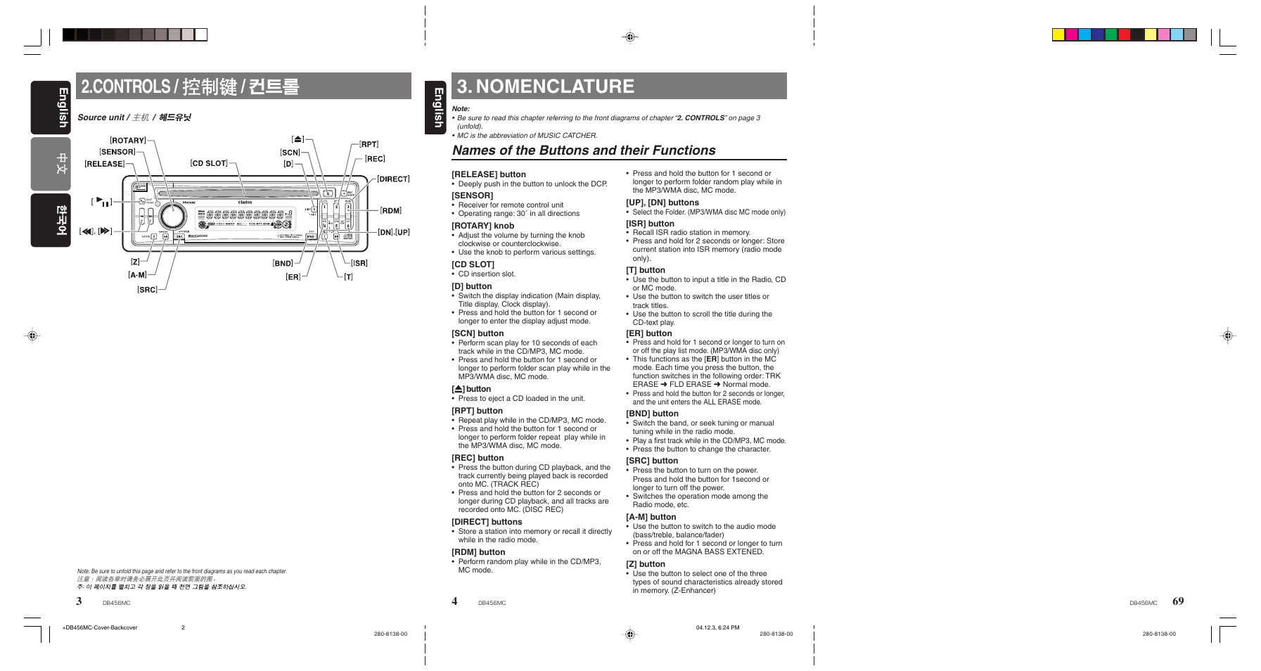 Controls, Nomenclature, Names of the buttons and their functions | English | Clarion DB456MC User Manual | Page 2 / 23