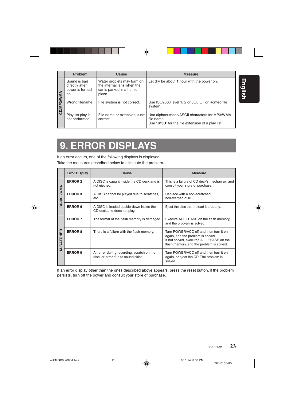 Error displays, 23 english | Clarion DB456MC User Manual | Page 21 / 23