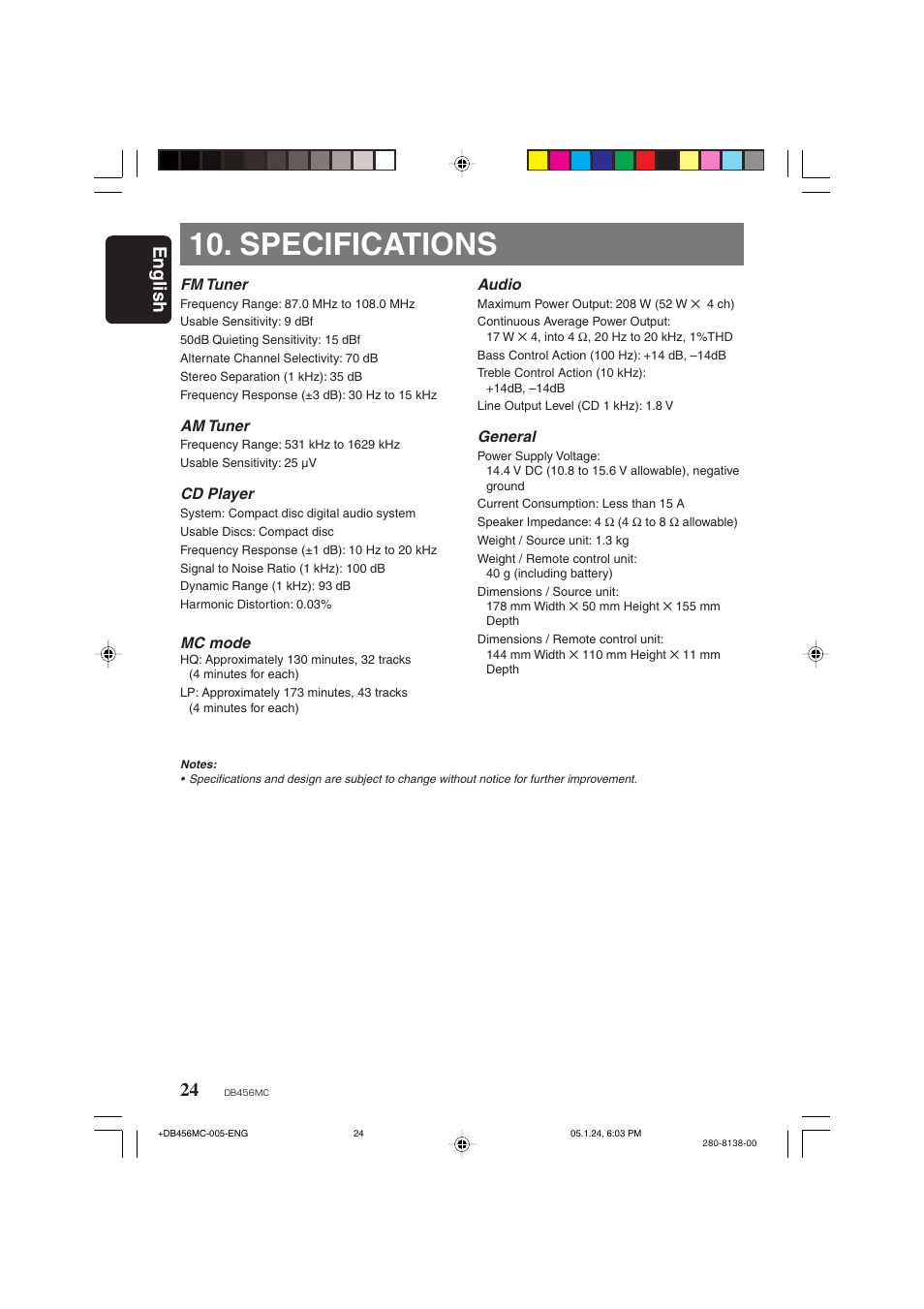 Specifications, English | Clarion DB456MC User Manual | Page 22 / 23