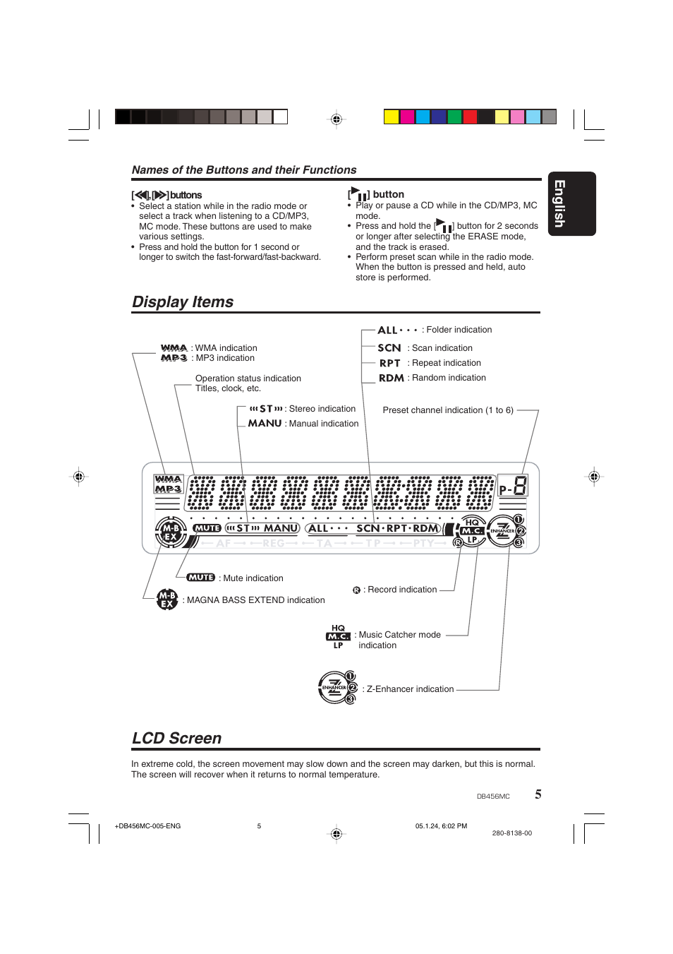 Display items, Lcd screen, 5english | Clarion DB456MC User Manual | Page 3 / 23