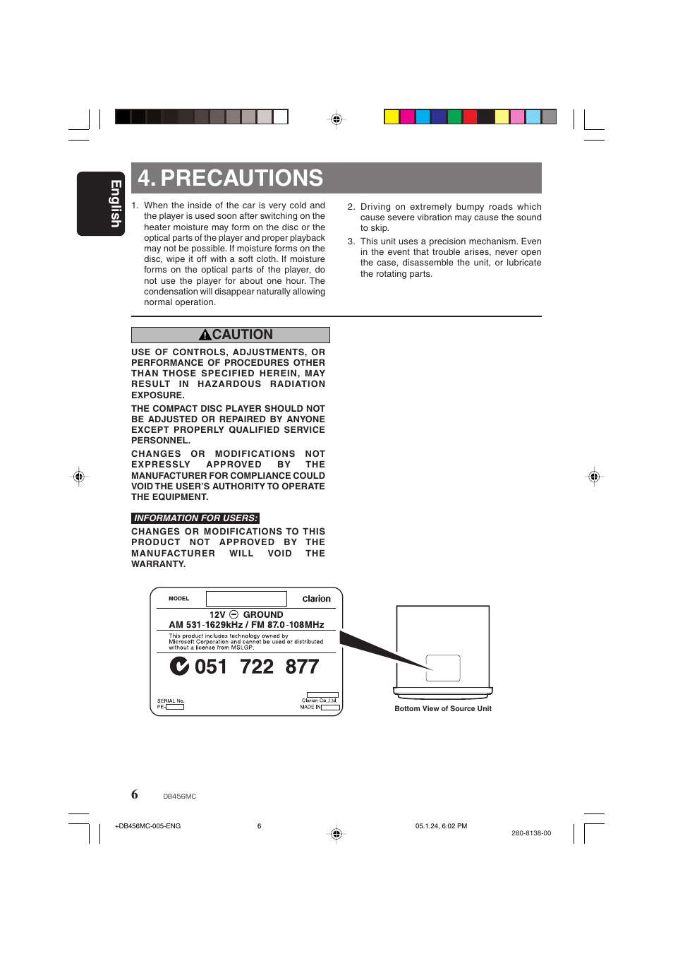 Precautions, English, Caution | Clarion DB456MC User Manual | Page 4 / 23