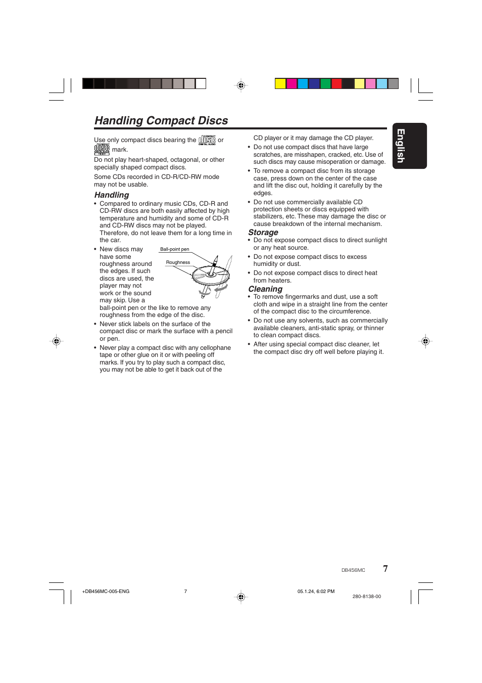 Handling compact discs, 7english, Handling | Storage, Cleaning | Clarion DB456MC User Manual | Page 5 / 23