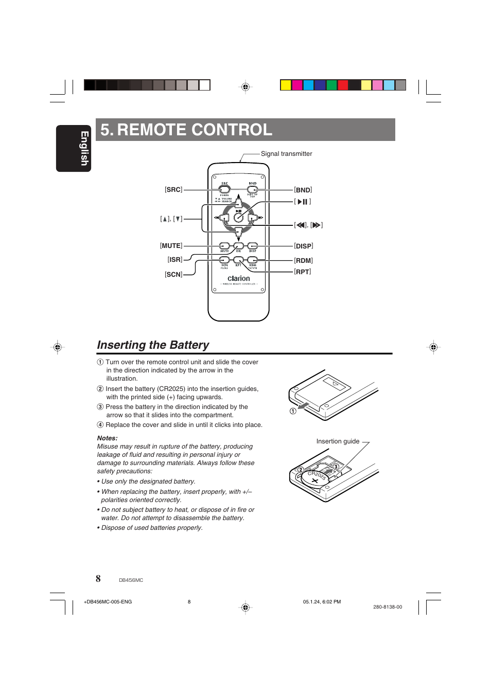 Remote control, Inserting the battery, English | Clarion DB456MC User Manual | Page 6 / 23