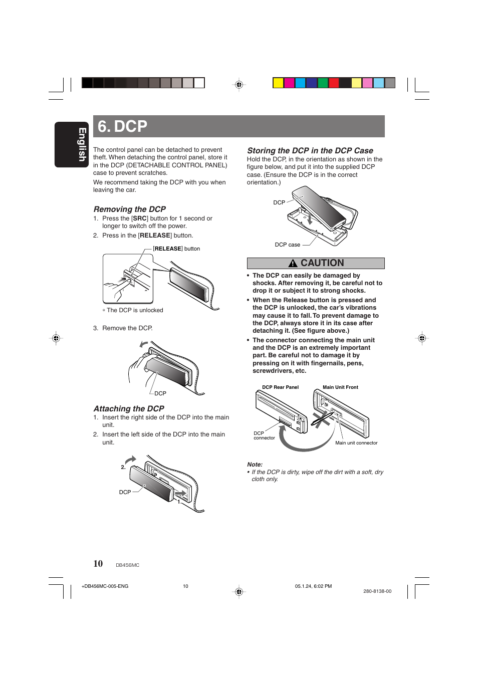 English, Caution, Removing the dcp | Attaching the dcp, Storing the dcp in the dcp case | Clarion DB456MC User Manual | Page 8 / 23