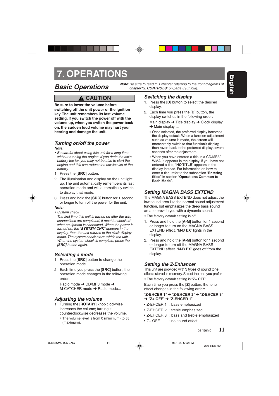 Operations, Basic operations, 11 english | Caution | Clarion DB456MC User Manual | Page 9 / 23