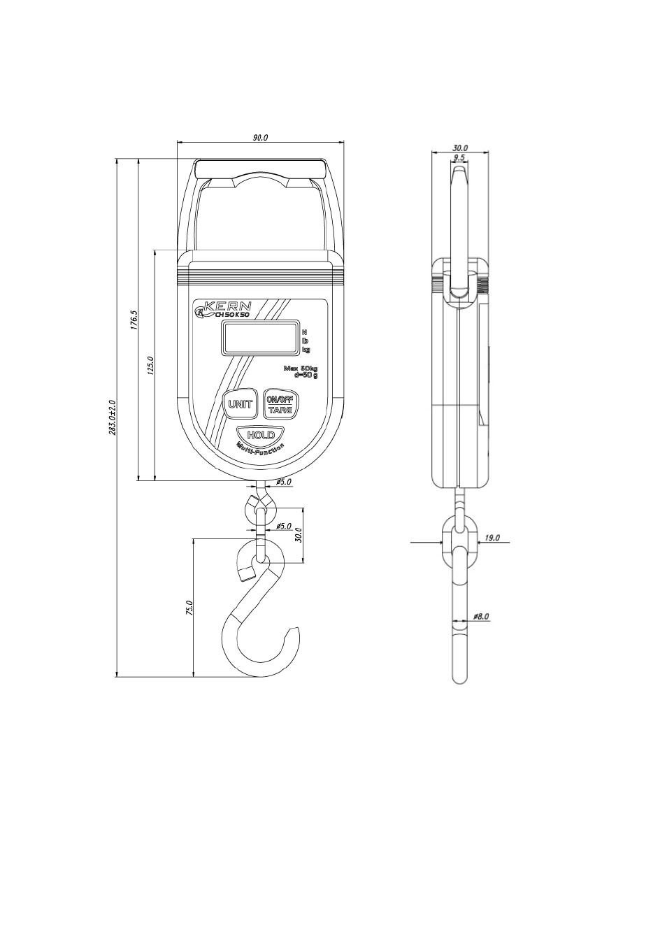 1 dimensions | KERN & SOHN CH 50K100 User Manual | Page 4 / 30