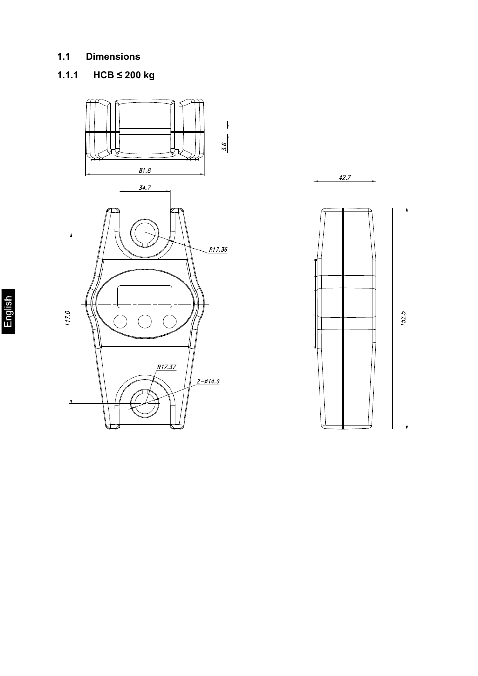 1 dimensions, 1 hcb ≤ 200 kg | KERN & SOHN HCN 200K500IP User Manual | Page 10 / 42