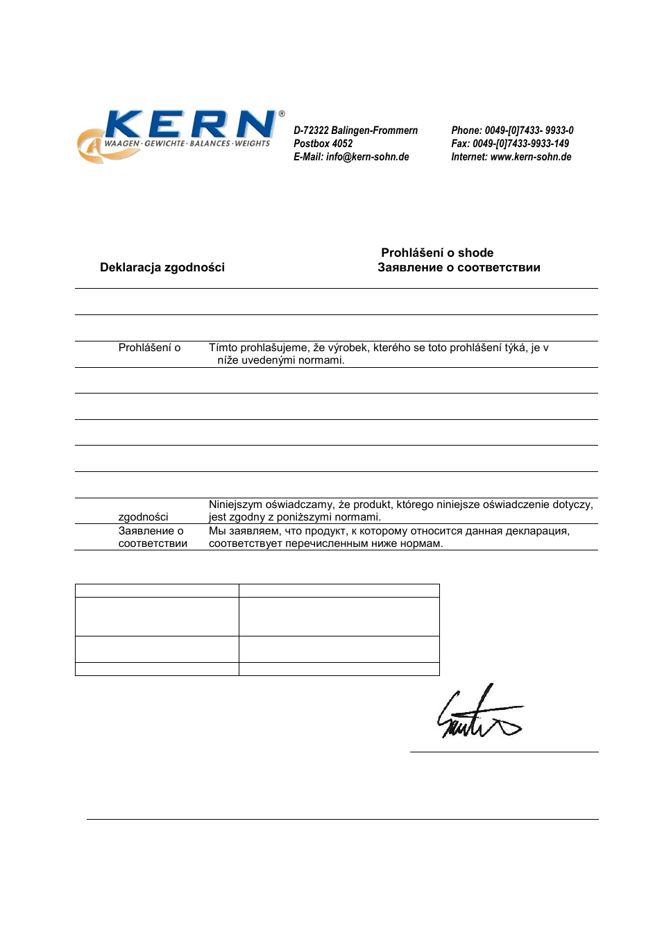 Electronic balance: kern ch / hcb/ hcn / hdb, Declaration of conformity | KERN & SOHN HDB 10K10N User Manual | Page 29 / 29