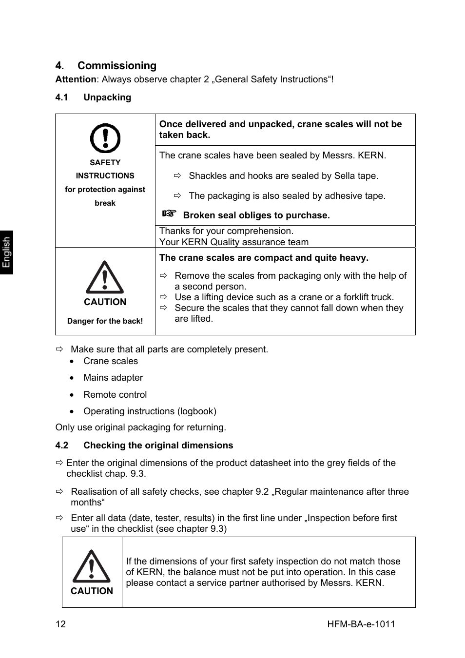 Commissioning, 1 unpacking, 2 checking the original dimensions | Unpacking, Checking the original dimensions | KERN & SOHN HFM 10T1 User Manual | Page 12 / 32