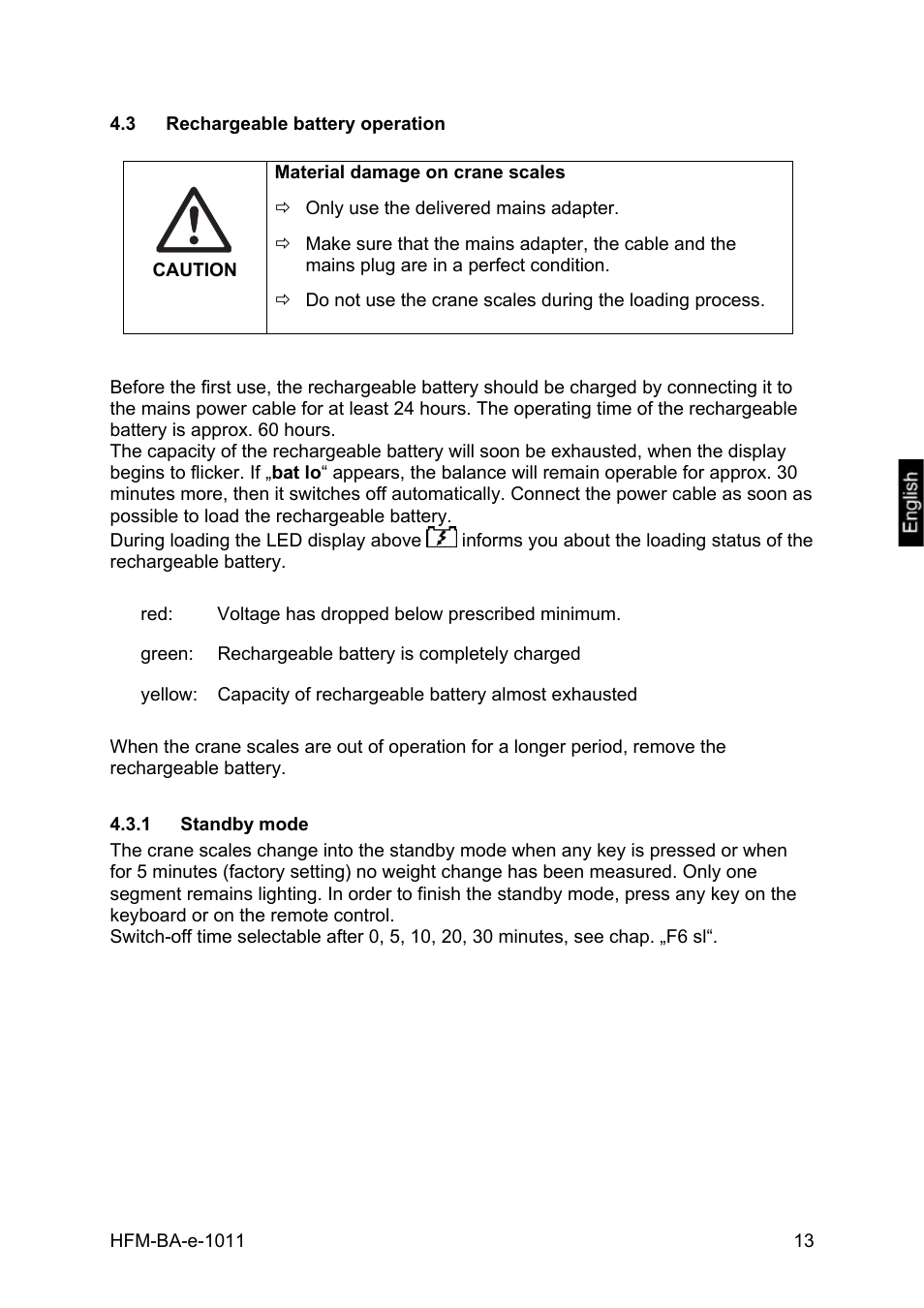 3 rechargeable battery operation, 1 standby mode, Rechargeable battery operation | Standby mode | KERN & SOHN HFM 10T1 User Manual | Page 13 / 32