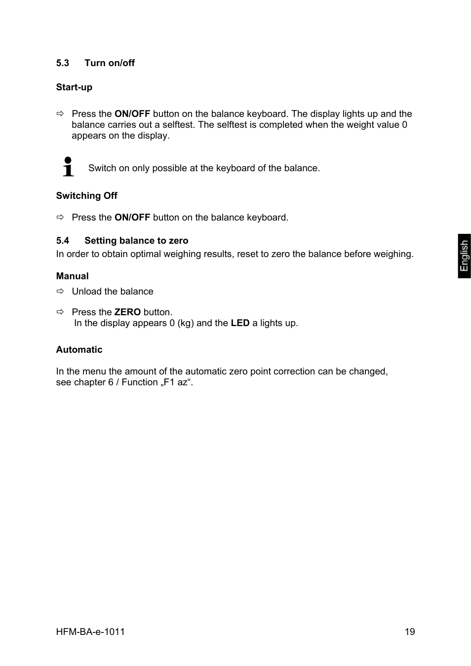 3 turn on/off, 4 setting balance to zero, Turn on/off | Setting balance to zero | KERN & SOHN HFM 10T1 User Manual | Page 19 / 32