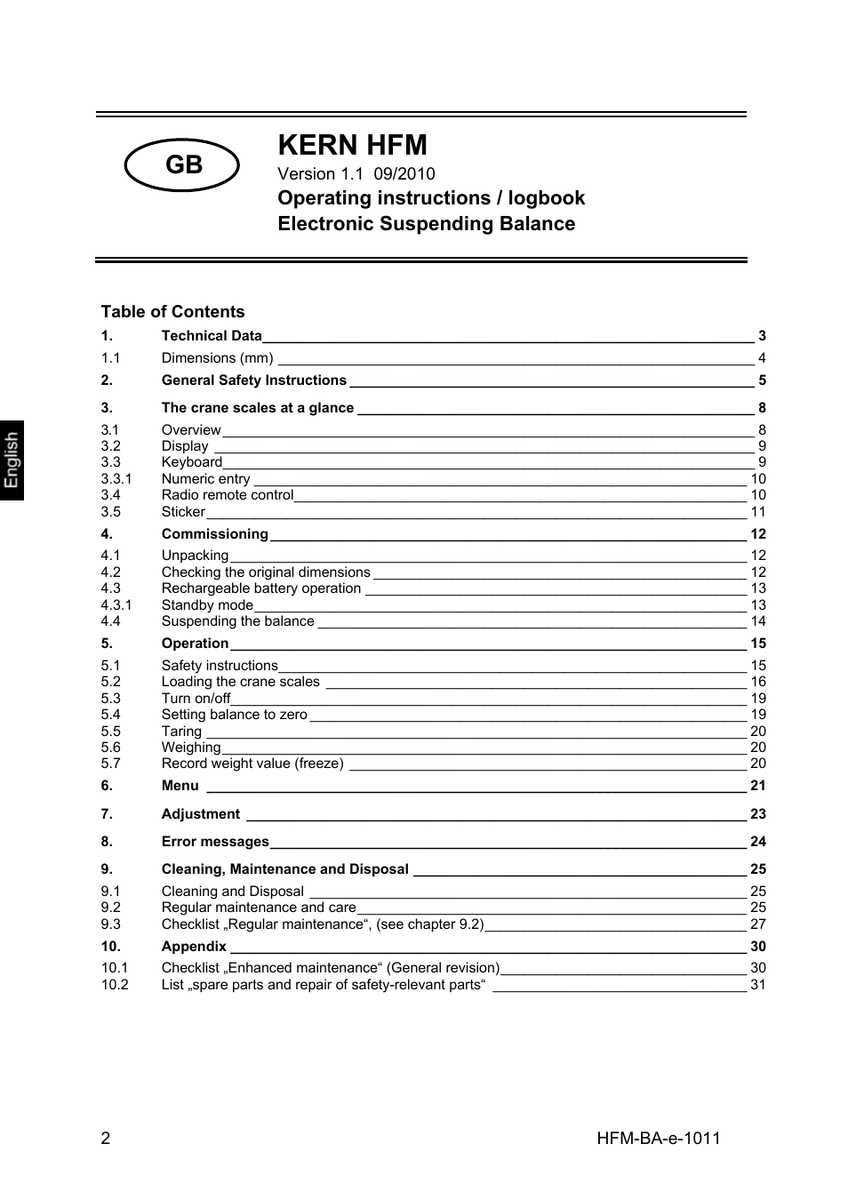 Kern hfm | KERN & SOHN HFM 10T1 User Manual | Page 2 / 32